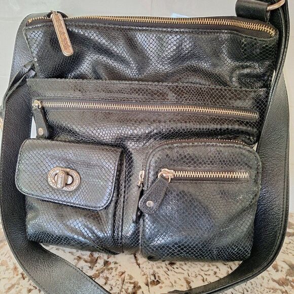 Brighton Black Leather Mock Snake Skin Shoulder Bag - Picture 1 of 14